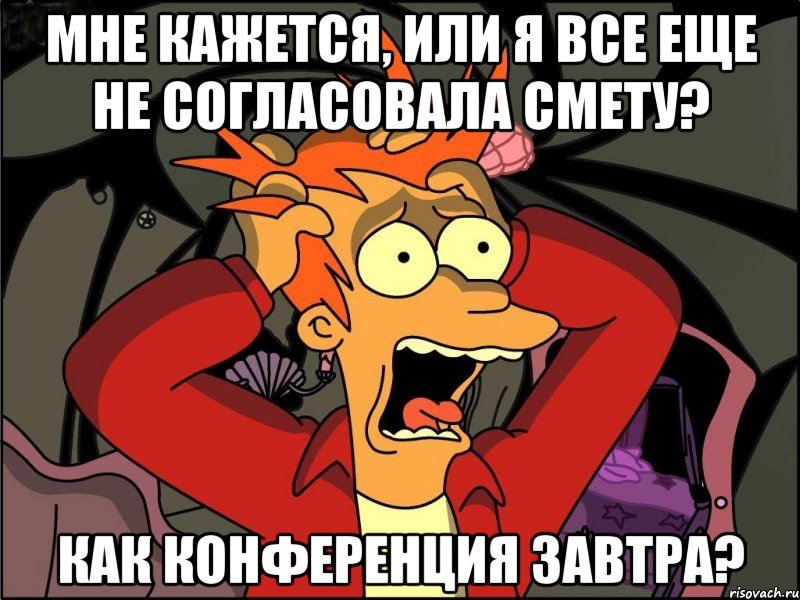 Мне кажется, или я все еще не согласовала смету? Как конференция завтра?, Мем Фрай в панике