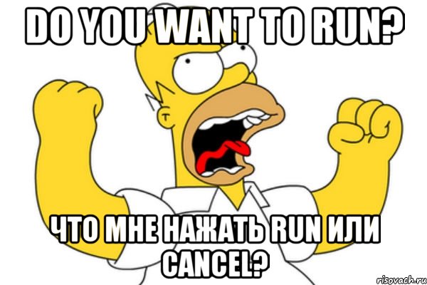 Do you want to run? Что мне нажать RUN или Cancel?, Мем Разъяренный Гомер