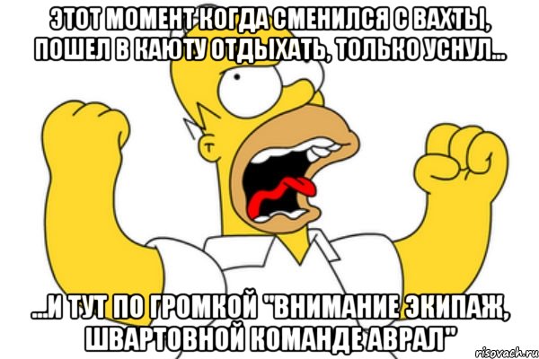 Этот момент когда сменился с вахты, пошел в каюту отдыхать, только уснул... ...И тут по громкой "внимание экипаж, швартовной команде аврал", Мем Разъяренный Гомер