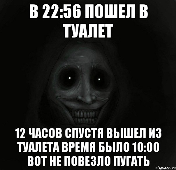 В 22:56 пошел в туалет 12 часов спустя вышел из туалета время было 10:00 вот не повезло пугать, Мем Ночной гость