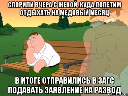 спорили вчера с женой, куда полетим отдыхать на медовый месяц в итоге отправились в загс подавать заявление на развод, Мем Задумчивый Гриффин