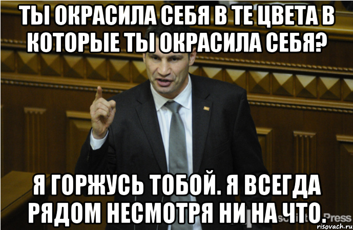 ты окрасила себя в те цвета в которые ты окрасила себя? Я горжусь тобой. Я всегда рядом несмотря ни на что., Мем кличко философ