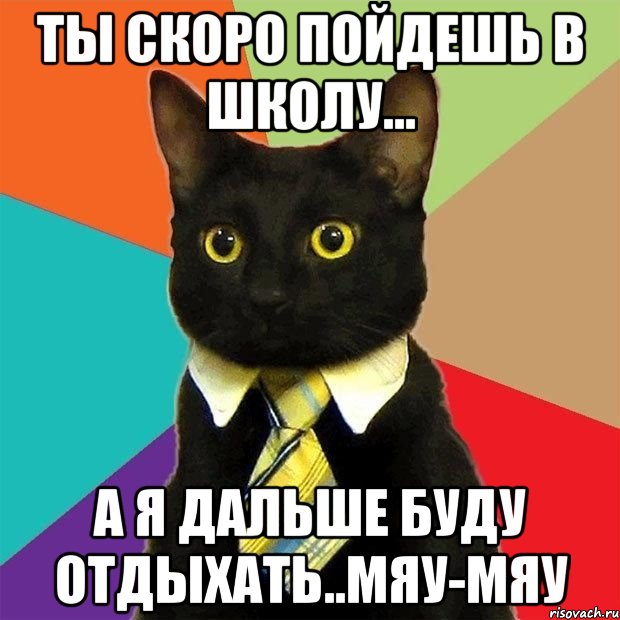 Ты скоро пойдешь в школу... А я дальше буду отдыхать..мяу-мяу, Мем  Кошечка