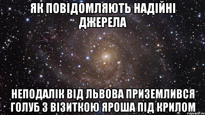 Як повідомляють надійні джерела Неподалік від Львова приземлився голуб з візиткою Яроша під крилом, Мем  Космос (офигенно)