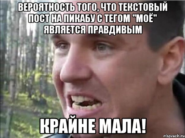 Вероятность того, что текстовый пост на Пикабу с тегом "моё" является правдивым КРАЙНЕ МАЛА!, Мем Крайне мала