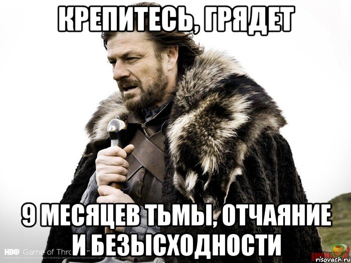 Крепитесь, грядет 9 месяцев тьмы, отчаяние и безысходности, Мем Зима близко крепитесь (Нед Старк)