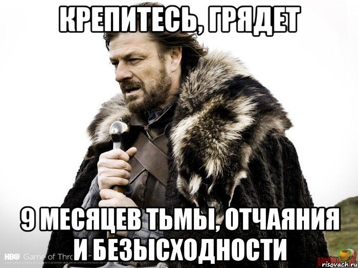 Крепитесь, грядет 9 месяцев тьмы, отчаяния и безысходности, Мем Зима близко крепитесь (Нед Старк)