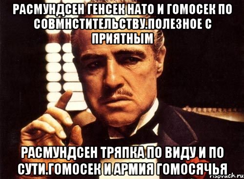 Расмундсен генсек нато и гомосек по совмнстительству.полезное с приятным Расмундсен тряпка по виду и по сути.гомосек и армия гомосячья, Мем крестный отец