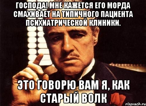 ГОСПОДА! МНЕ КАЖЕТСЯ ЕГО МОРДА СМАХИВАЕТ НА ТИПИЧНОГО ПАЦИЕНТА ПСИХИАТРИЧЕСКОЙ КЛИНИКИ. ЭТО ГОВОРЮ ВАМ Я, КАК СТАРЫЙ ВОЛК, Мем крестный отец