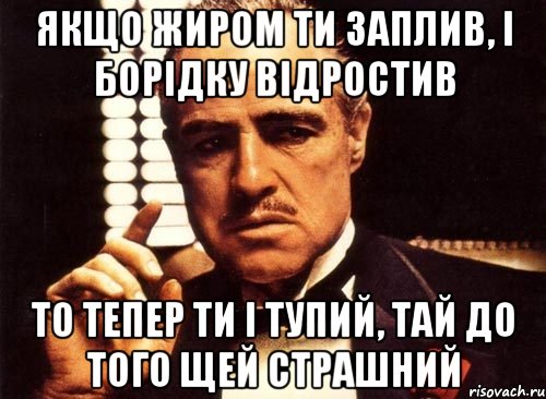 якщо жиром ти заплив, і борідку відростив то тепер ти і тупий, тай до того щей страшний, Мем крестный отец