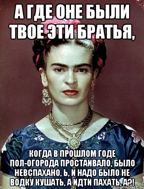 А где оне были твое эти братья, когда в прошлом годе пол-огорода простаивало, было невспахано, Ь, и надо было не водку кушать, а идти пахать, а?!, Мем Magdalena Carmen Frieda Kahlo Ca