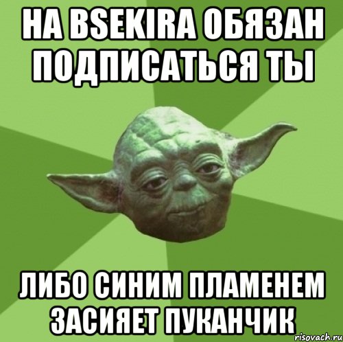 На BSEKira обязан подписаться ты либо синим пламенем засияет пуканчик, Мем Мастер Йода