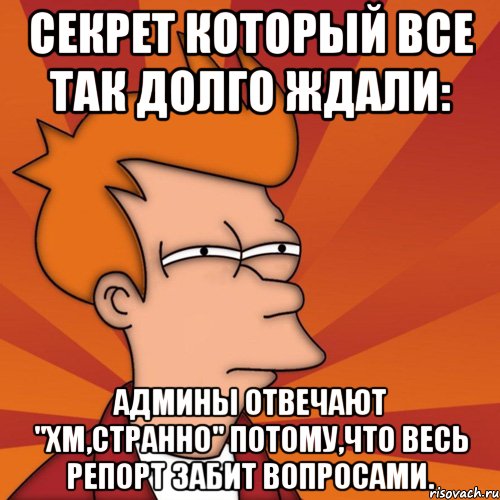 секрет который все так долго ждали: админы отвечают "хм,странно" потому,что весь репорт забит вопросами., Мем Мне кажется или (Фрай Футурама)