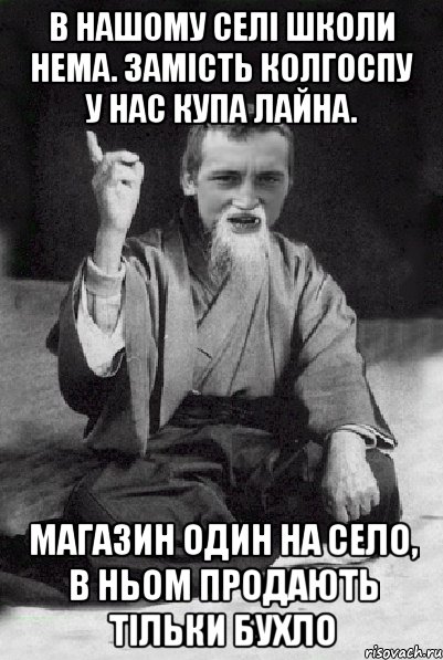 В нашому селі школи нема. Замість колгоспу у нас купа лайна. Магазин один на село, в ньом продають тільки бухло, Мем Мудрий паца