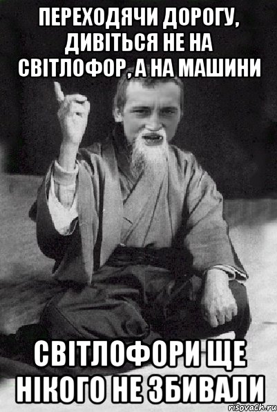 Переходячи дорогу, дивіться не на світлофор, а на машини світлофори ще нікого не збивали, Мем Мудрий паца