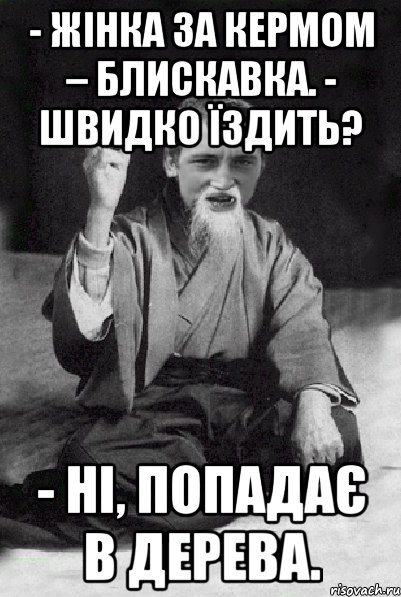 - Жінка за кермом – блискавка. - Швидко їздить? - Ні, попадає в дерева., Мем Мудрий паца