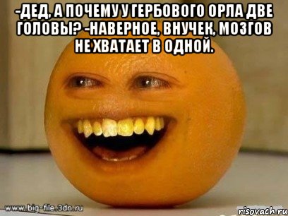 -Дед, а почему у гербового орла две головы? -Наверное, внучек, мозгов не хватает в одной. , Мем Надоедливый апельсин