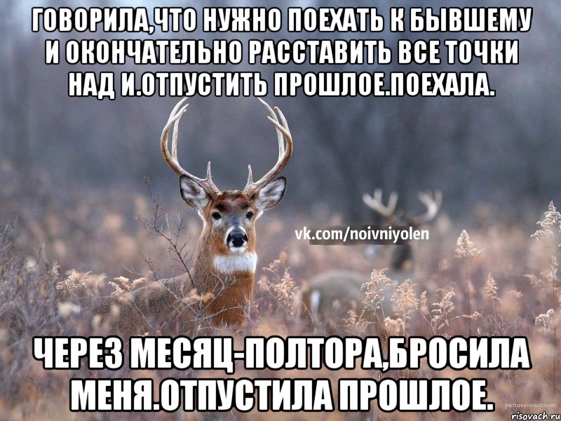 Говорила,что нужно поехать к бывшему и окончательно расставить все точки над И.Отпустить прошлое.Поехала. Через месяц-полтора,бросила меня.Отпустила прошлое.