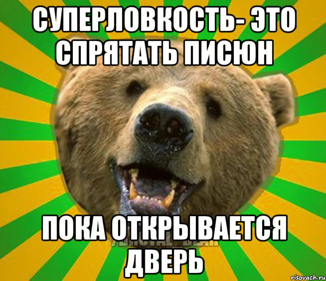 СУПЕРЛОВКОСТЬ- ЭТО СПРЯТАТЬ ПИСЮН ПОКА ОТКРЫВАЕТСЯ ДВЕРЬ, Мем Нелепый медведь