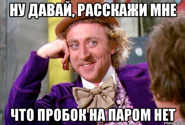 ну давай, расскажи мне что пробок на паром нет, Мем Ну давай расскажи (Вилли Вонка)