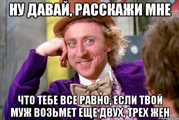 НУ ДАВАЙ, РАССКАЖИ МНЕ ЧТО ТЕБЕ ВСЕ РАВНО, ЕСЛИ ТВОЙ МУЖ ВОЗЬМЕТ ЕЩЕ ДВУХ, ТРЕХ ЖЕН, Мем Ну давай расскажи (Вилли Вонка)