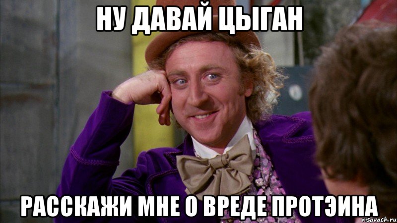 Ну давай Цыган Расскажи мне о вреде протэина, Мем Ну давай расскажи (Вилли Вонка)