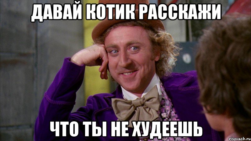 давай котик расскажи что ты не худеешь, Мем Ну давай расскажи (Вилли Вонка)