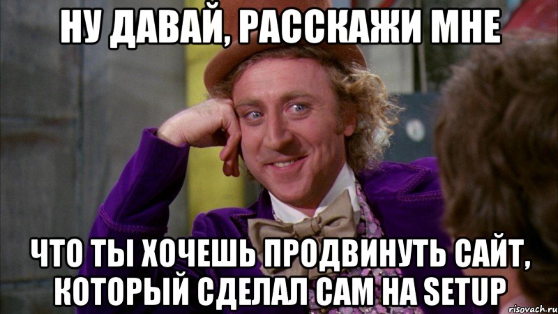 Ну давай, расскажи мне Что ты хочешь продвинуть сайт, который сделал сам на SETUP, Мем Ну давай расскажи (Вилли Вонка)