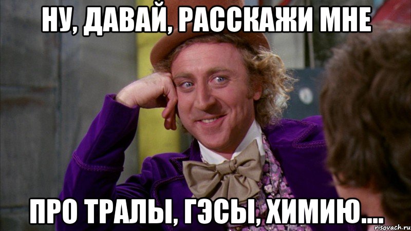 Ну, давай, расскажи мне про тралы, ГЭСы, химию...., Мем Ну давай расскажи (Вилли Вонка)