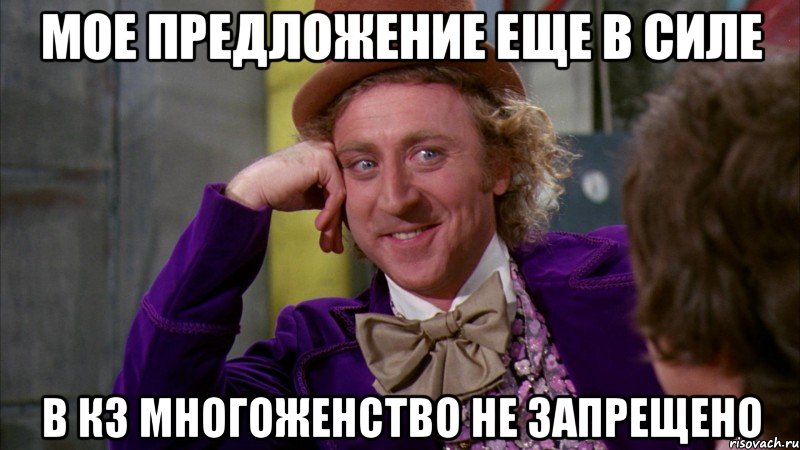Мое предложение еще в силе В КЗ многоженство не запрещено, Мем Ну давай расскажи (Вилли Вонка)