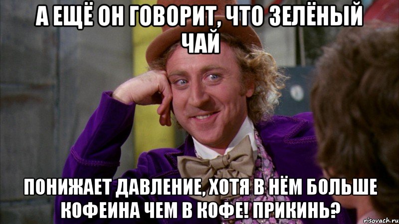 А ещё он говорит, что зелёный чай Понижает давление, хотя в нём больше кофеина чем в кофе! Прикинь?, Мем Ну давай расскажи (Вилли Вонка)