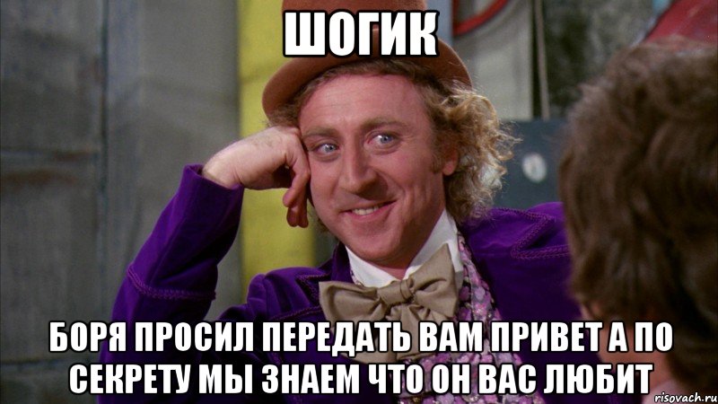 шогик боря просил передать вам привет а по секрету мы знаем что он вас любит, Мем Ну давай расскажи (Вилли Вонка)