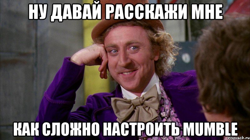 Ну давай расскажи мне как сложно настроить Mumble, Мем Ну давай расскажи (Вилли Вонка)