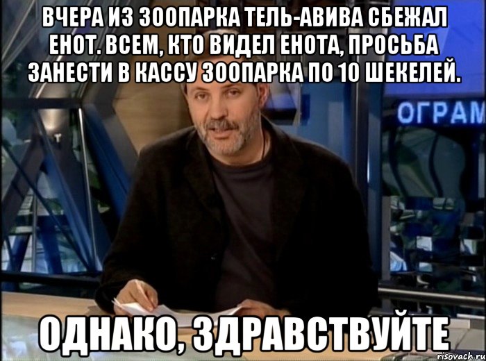 Вчера из зоопарка Тель-Авива сбежал енот. Всем, кто видел енота, просьба занести в кассу зоопарка по 10 шекелей. Однако, здравствуйте, Мем Однако Здравствуйте