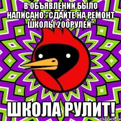 В объявлении было написано:"сдайте на ремонт школы 200рулей" Школа рулит!, Мем Омская птица