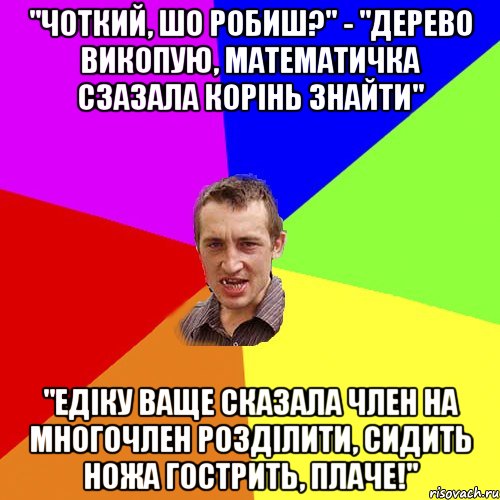 "Чоткий, шо робиш?" - "Дерево викопую, математичка сзазала корінь знайти" "Едіку ваще сказала член на многочлен розділити, сидить ножа гострить, плаче!", Мем Чоткий паца