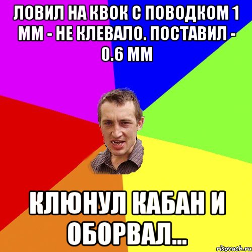 Ловил на квок с поводком 1 мм - не клевало. Поставил - 0.6 мм Клюнул кабан и оборвал..., Мем Чоткий паца