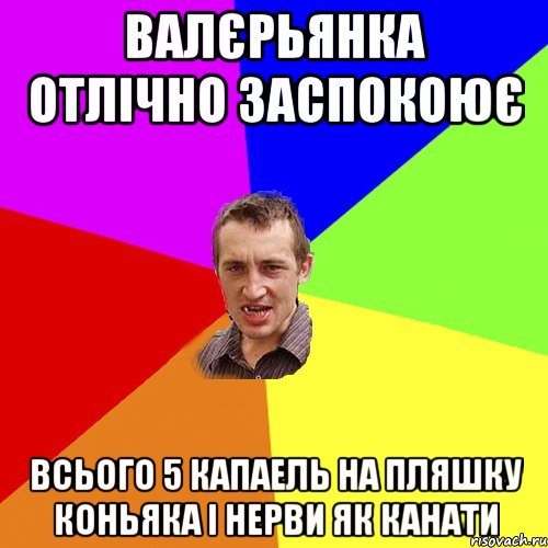 валєрьянка отлічно заспокоює всього 5 капаель на пляшку коньяка і нерви як канати, Мем Чоткий паца