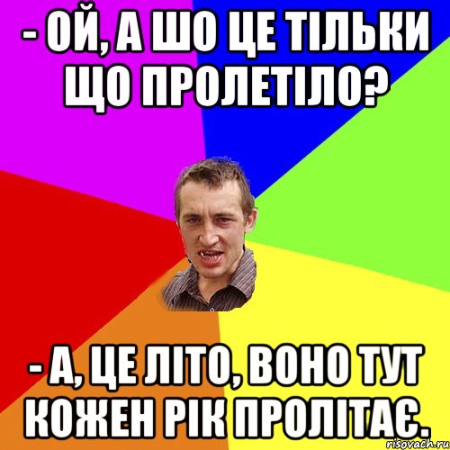 - Ой, а шо це тільки що пролетіло? - а, це літо, воно тут кожен рік пролітає., Мем Чоткий паца