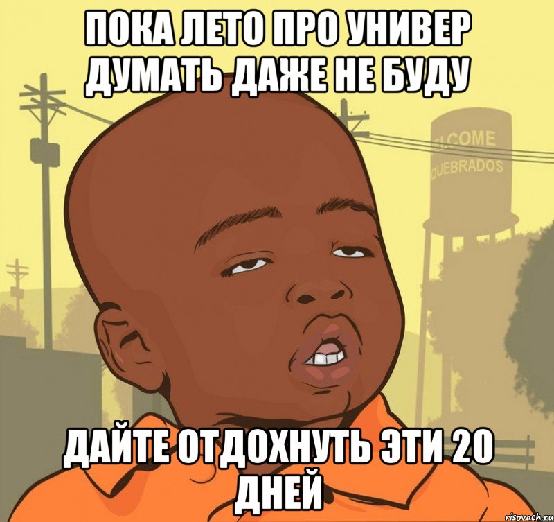 Пока лето про универ думать даже не буду ДАЙТЕ ОТДОХНУТЬ ЭТИ 20 ДНЕЙ, Мем Пацан наркоман