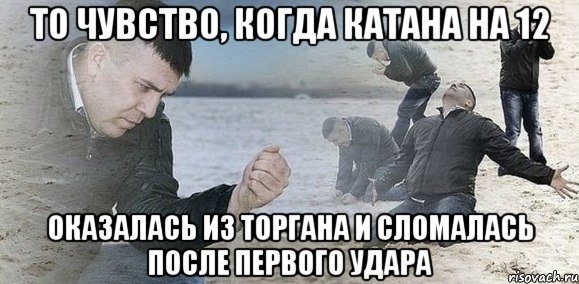 то чувство, когда катана на 12 оказалась из торгана и сломалась после первого удара, Мем Мужик сыпет песок на пляже