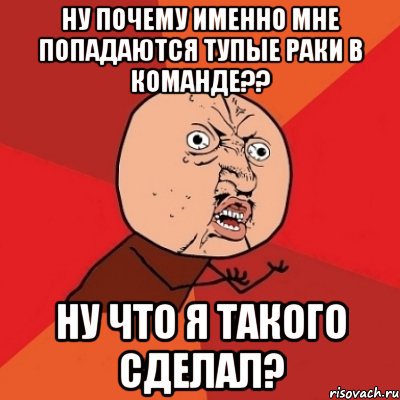 НУ ПОЧЕМУ ИМЕННО МНЕ ПОПАДАЮТСЯ ТУПЫЕ РАКИ В КОМАНДЕ?? НУ ЧТО Я ТАКОГО СДЕЛАЛ?, Мем Почему