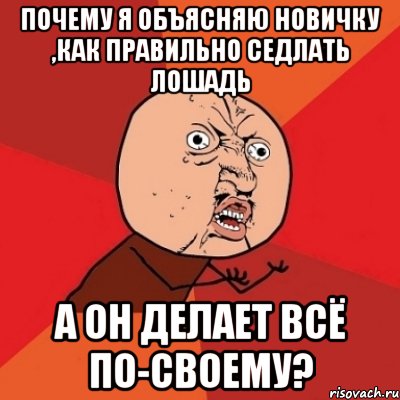 Почему я объясняю новичку ,как правильно седлать лошадь А он делает всё по-своему?, Мем Почему