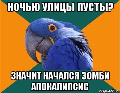 Ночью улицы пусты? Значит начался зомби апокалипсис, Мем Попугай параноик