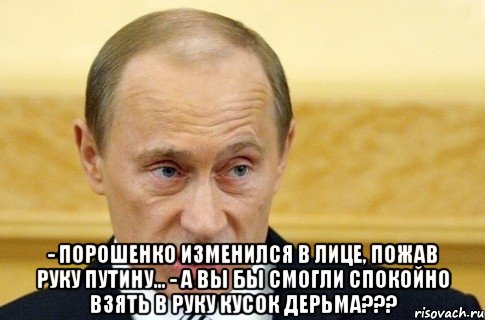  - Порошенко изменился в лице, пожав руку Путину... - А Вы бы смогли спокойно взять в руку кусок дерьма???, Мем путин