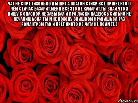 Чат не спит,тихонько дышит,а Платон стихи всё пишет,кто о чём сейчас базарит,меня всё это не кумарит,ты знай что я пишу с опаской,не забывая и про ласки,надеюсь сильно не печалишься? Ты мне походу слишком нравишься,раз романтизм так и прёт,никто из чата не поймёт.;) , Мем роза