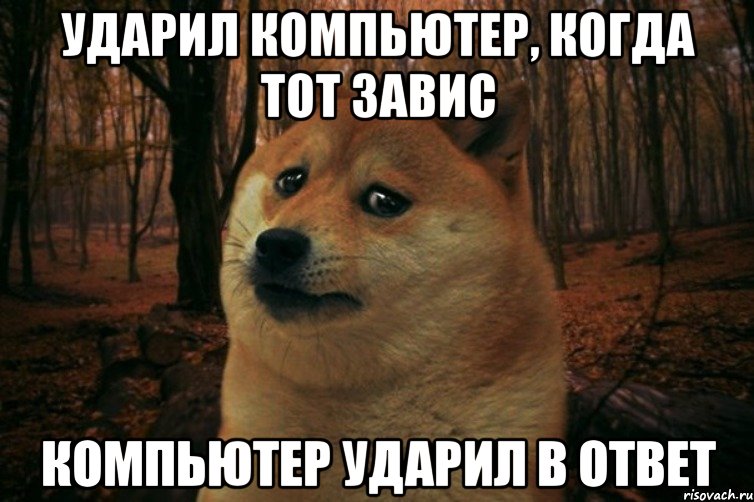 ударил компьютер, когда тот завис компьютер ударил в ответ, Мем SAD DOGE