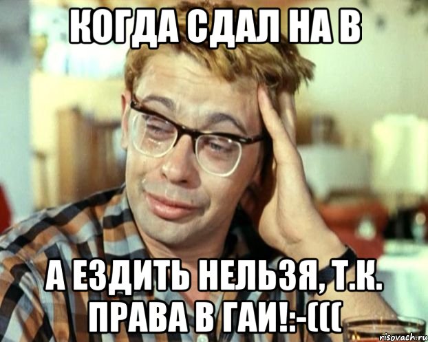 Когда сдал на В А ездить нельзя, т.к. права в ГАИ!:-(((, Мем Шурик (птичку жалко)