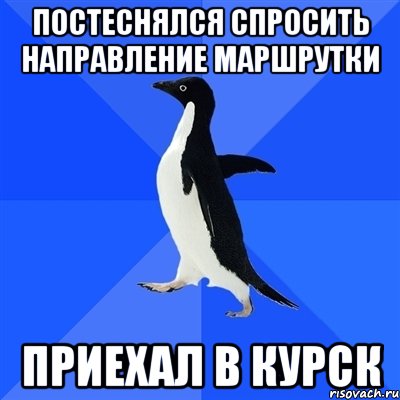 ПОСТЕСНЯЛСЯ СПРОСИТЬ НАПРАВЛЕНИЕ МАРШРУТКИ ПРИЕХАЛ В КУРСК, Мем  Социально-неуклюжий пингвин