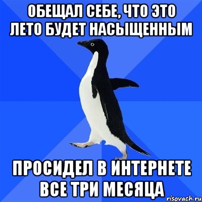 обещал себе, что это лето будет насыщенным просидел в интернете все три месяца, Мем  Социально-неуклюжий пингвин